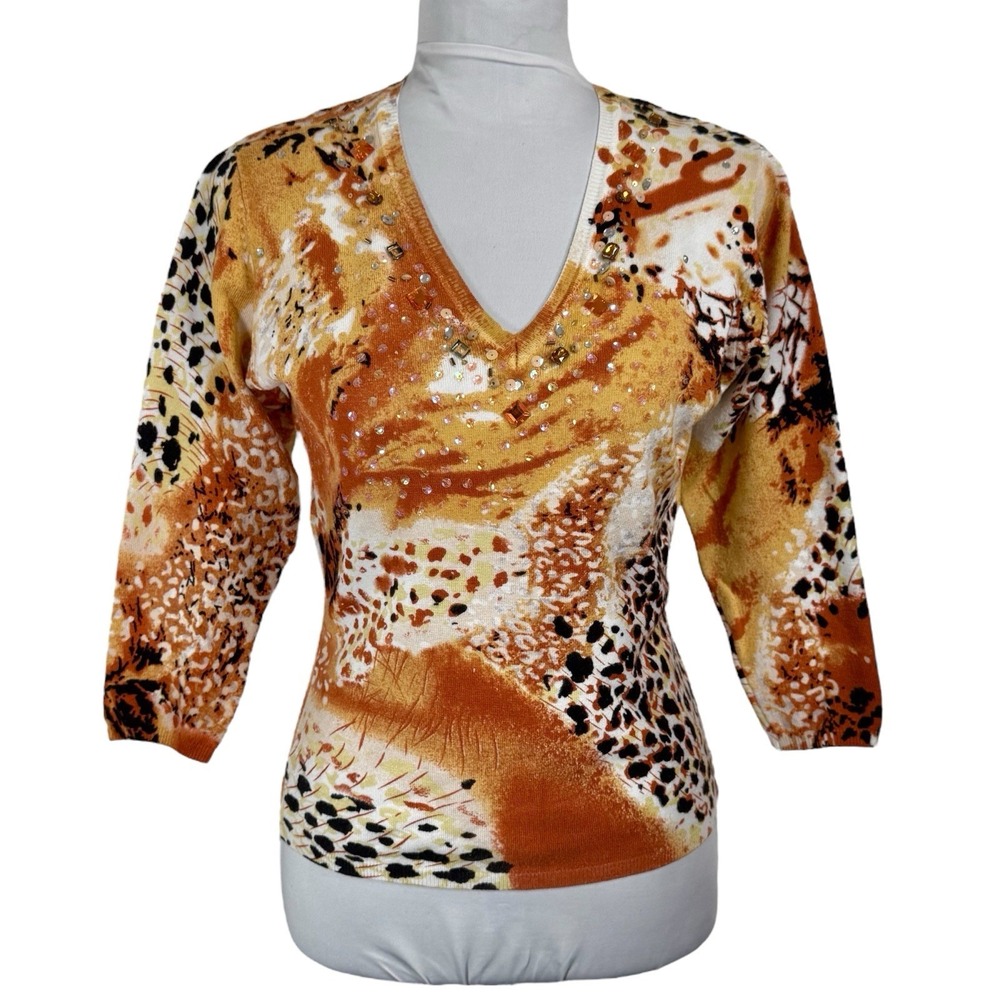 Y2K Victor Costa Beaded Sweater Knit Top Size S Orange Sequin Leopard Artsy